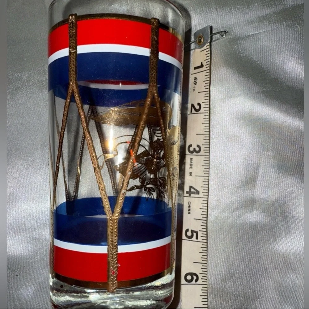 Set/8 Antique House Art Hi Ball Set Red White Blue & Gold Eagle Drum Design
